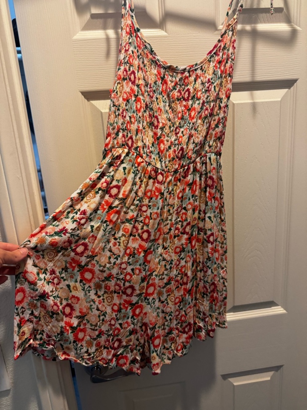 Timing Floral Tie-Strap romper in Cream, Red & Orange